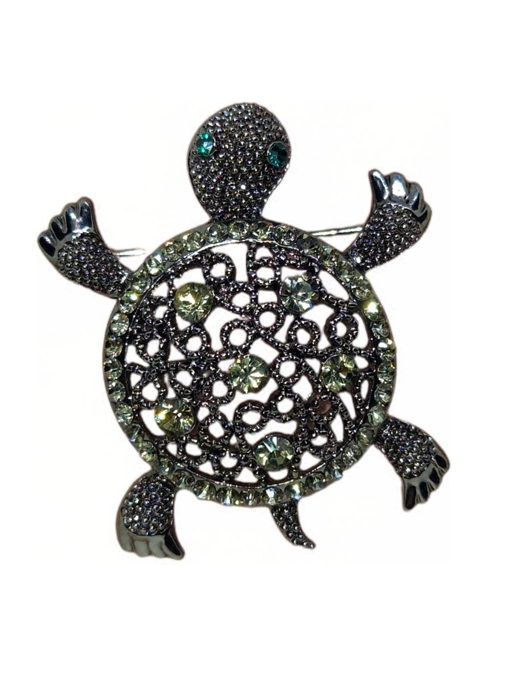 Vintage Crystal Turtle Brooch in Black with Green Rhinestones